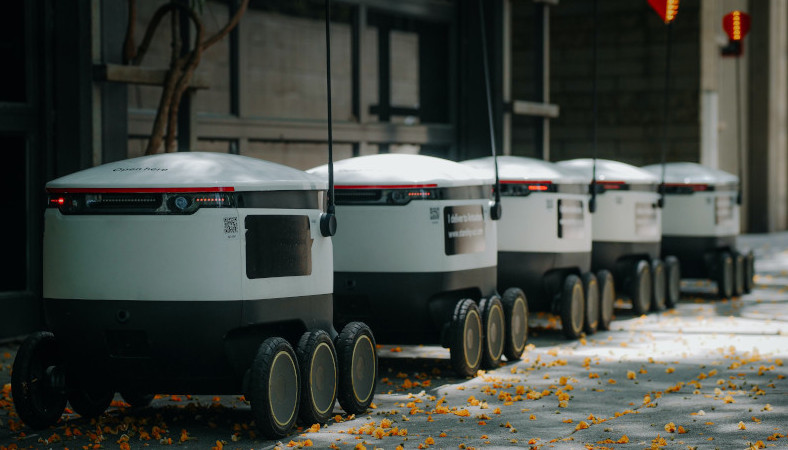 An image showing a line of robots waiting to clock in for work.