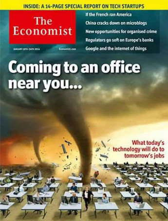 An image of a tornado symbolically ripping through an office